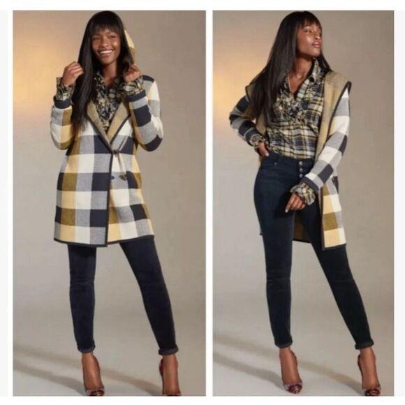 Cabi plaid hooded cardigan sweater large toggle button front M - Picture 1 of 9